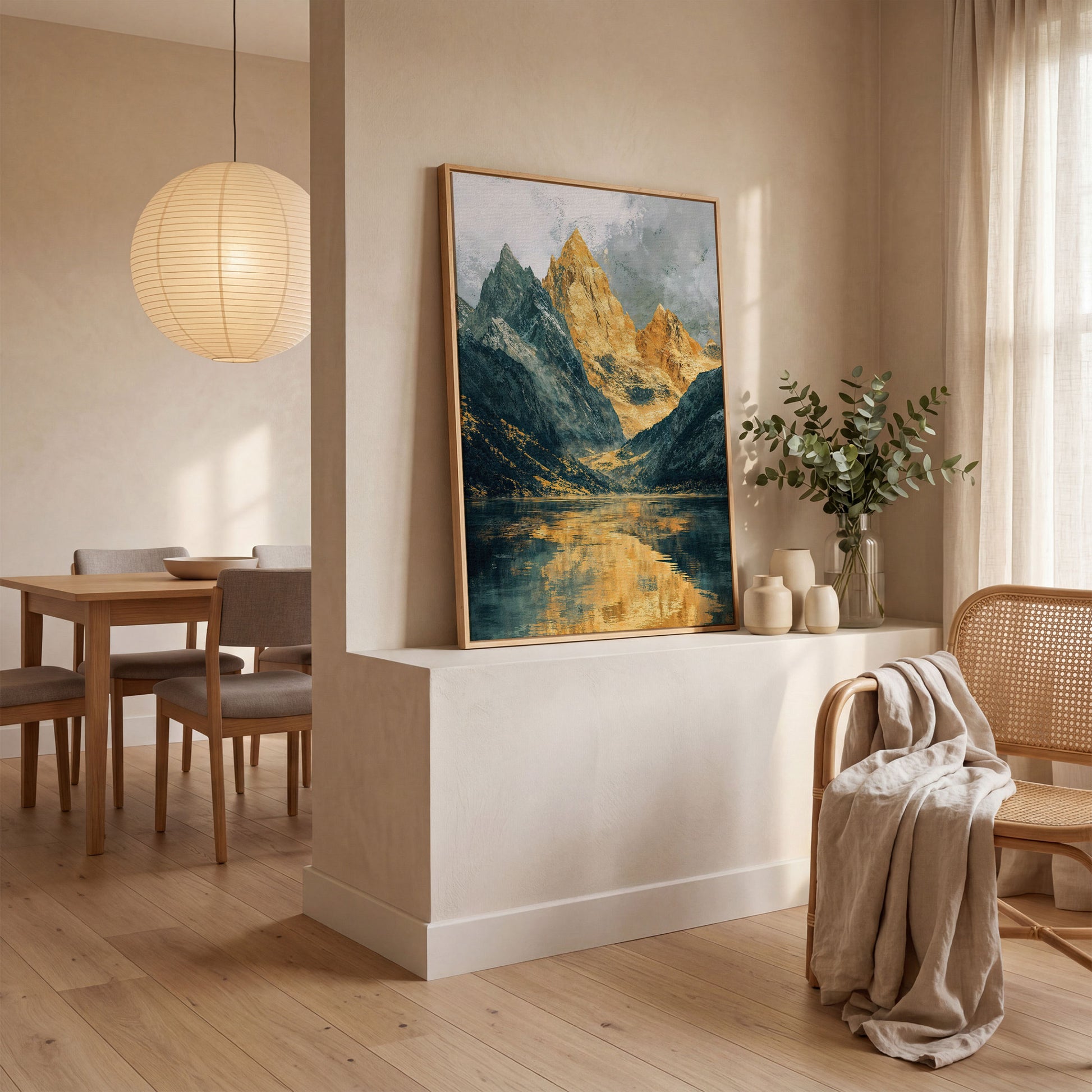 Gray and Gold Mountains with Water Reflection Canvas in white oak floating frame