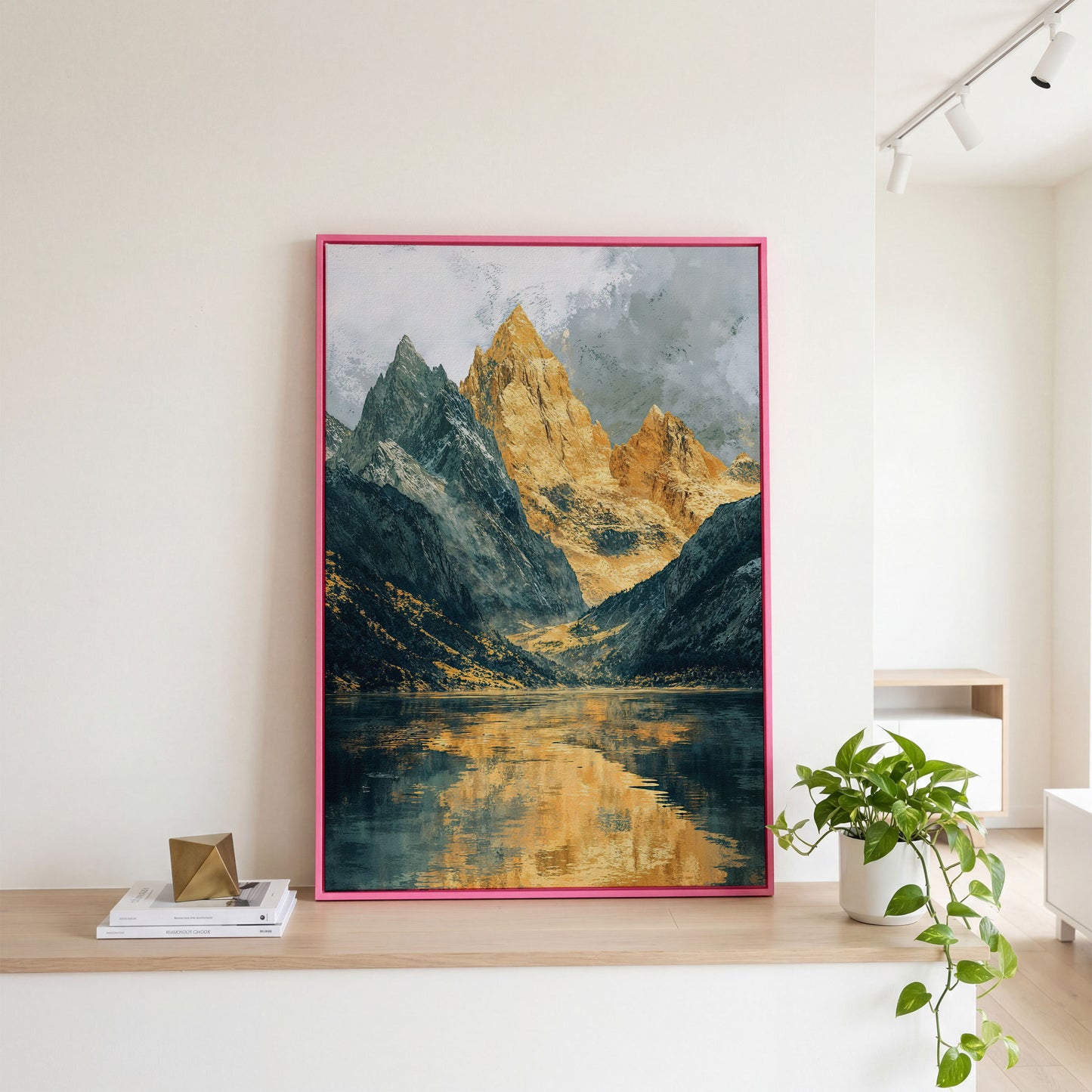 Gray and Gold Mountains with Water Reflection Canvas in pink floating frame