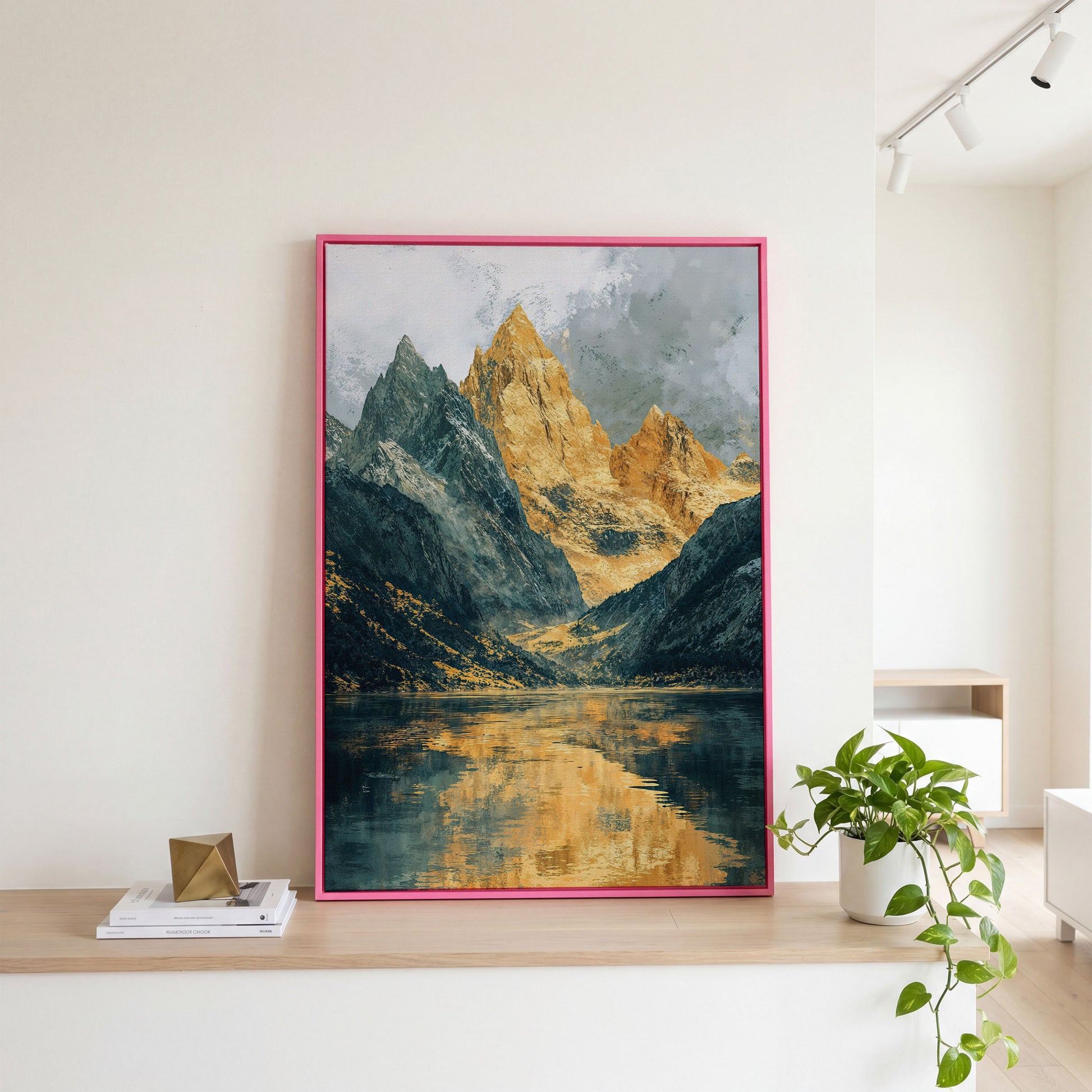 Gray and Gold Mountains with Water Reflection Canvas in pink floating frame