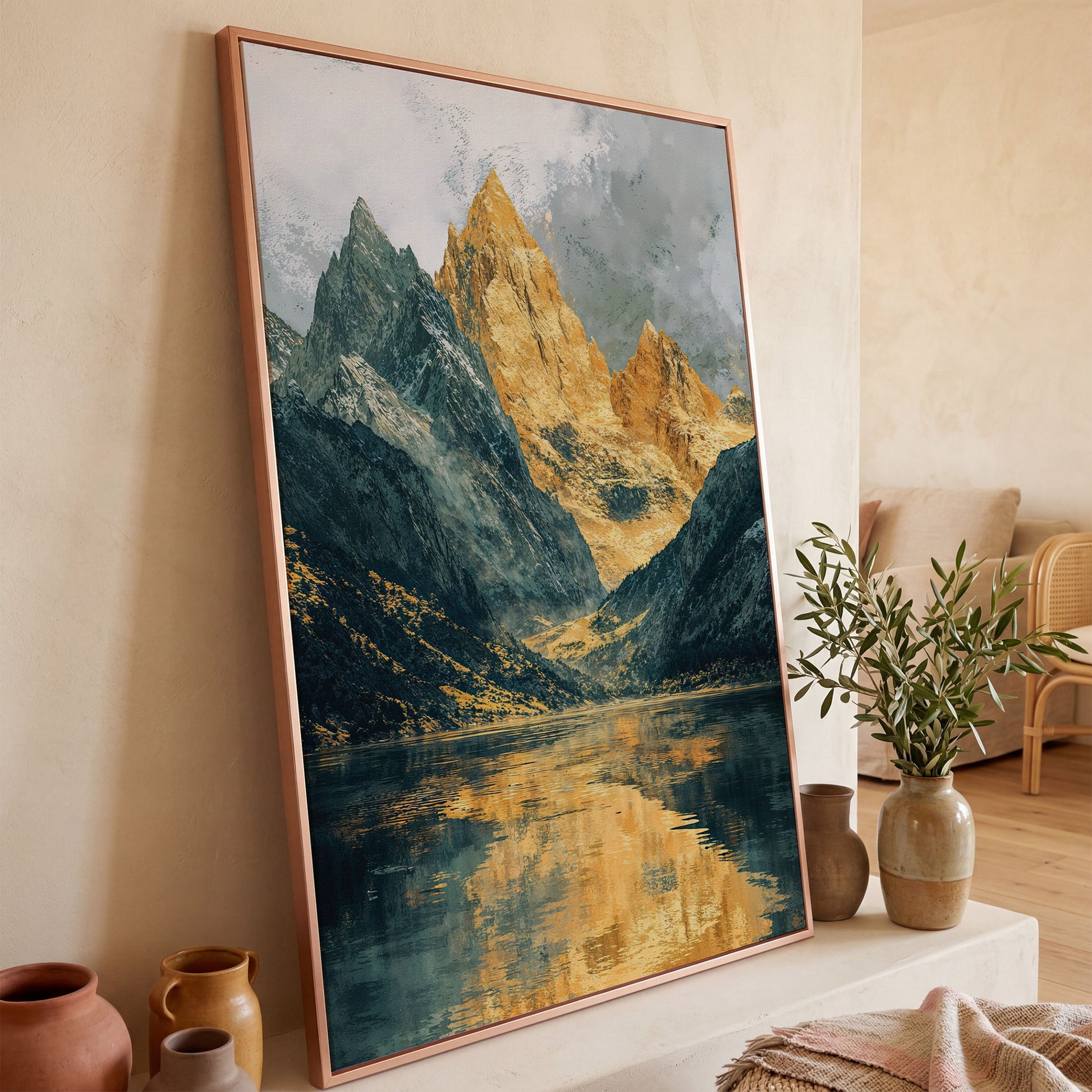 Gray and Gold Mountains with Water Reflection Canvas in rose gold floating frame