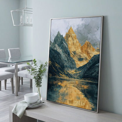 Gray and Gold Mountains with Water Reflection Canvas in silver floating frame