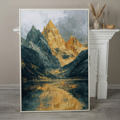 Gray and Gold Mountains with Water Reflection Canvas in white floating frame
