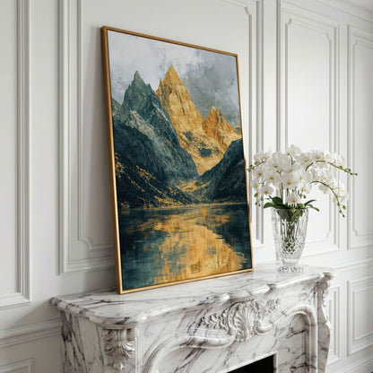 Gray and Gold Mountains with Water Reflection Canvas in yellow gold floating frame