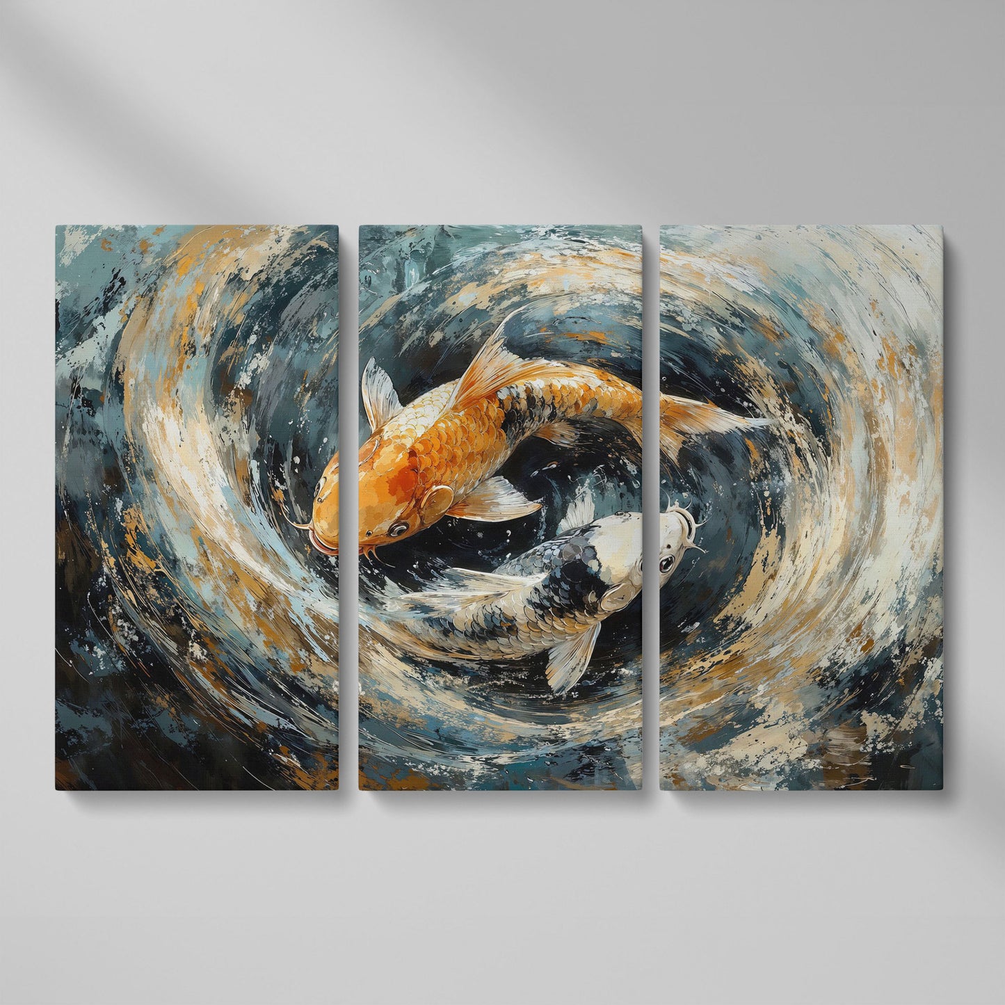 Japanese Koi Fish Canvas with Yin Yang as 3-panel split version