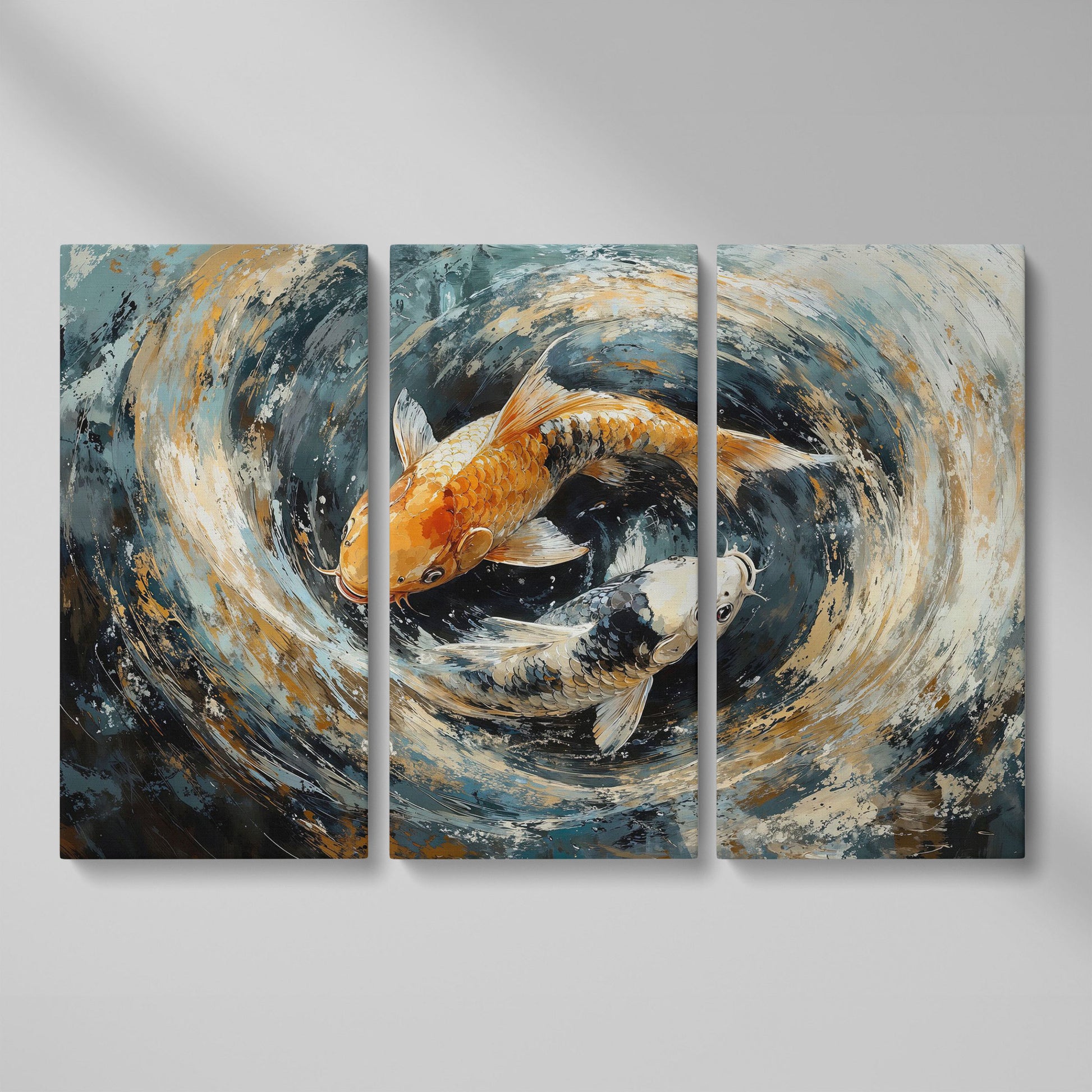 Japanese Koi Fish Canvas with Yin Yang as 3-panel split version