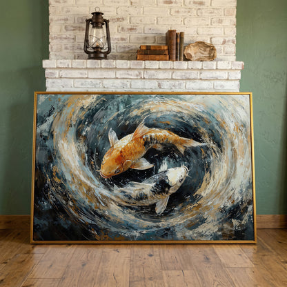 Japanese Koi Fish Canvas with Yin Yang in antique gold floating frame