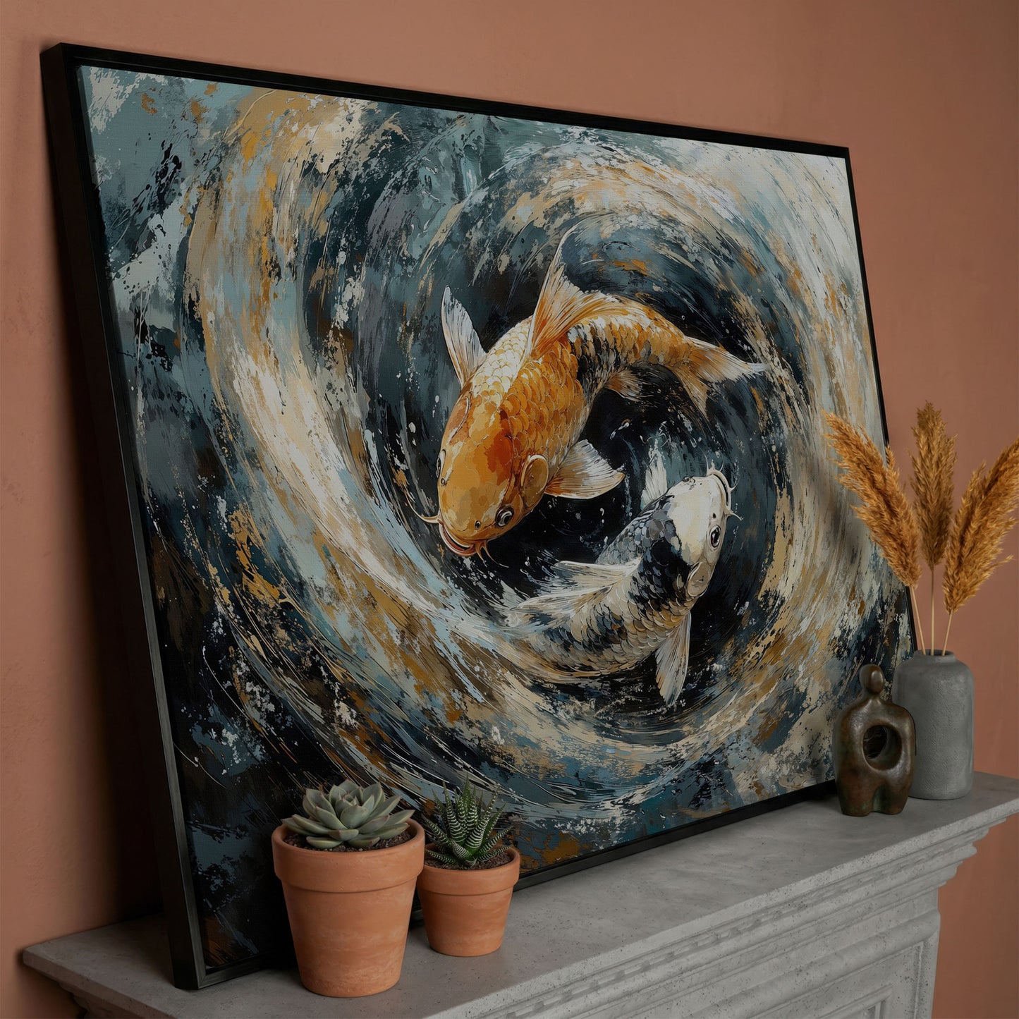 Japanese Koi Fish Canvas with Yin Yang in black floating frame