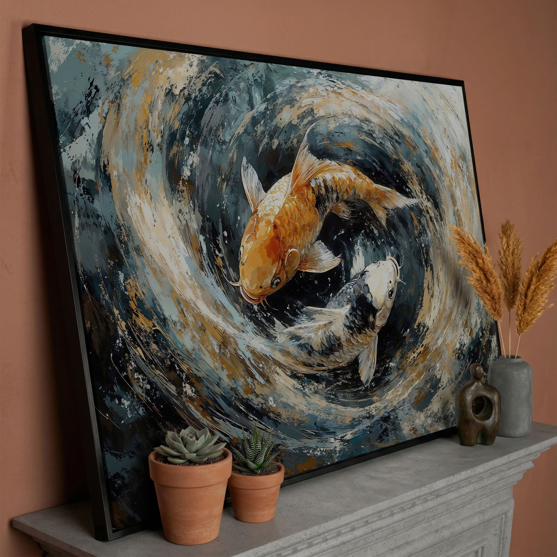 Japanese Koi Fish Canvas with Yin Yang in black floating frame