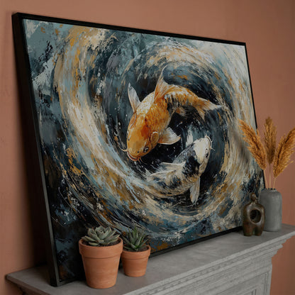 Japanese Koi Fish Canvas with Yin Yang in black floating frame