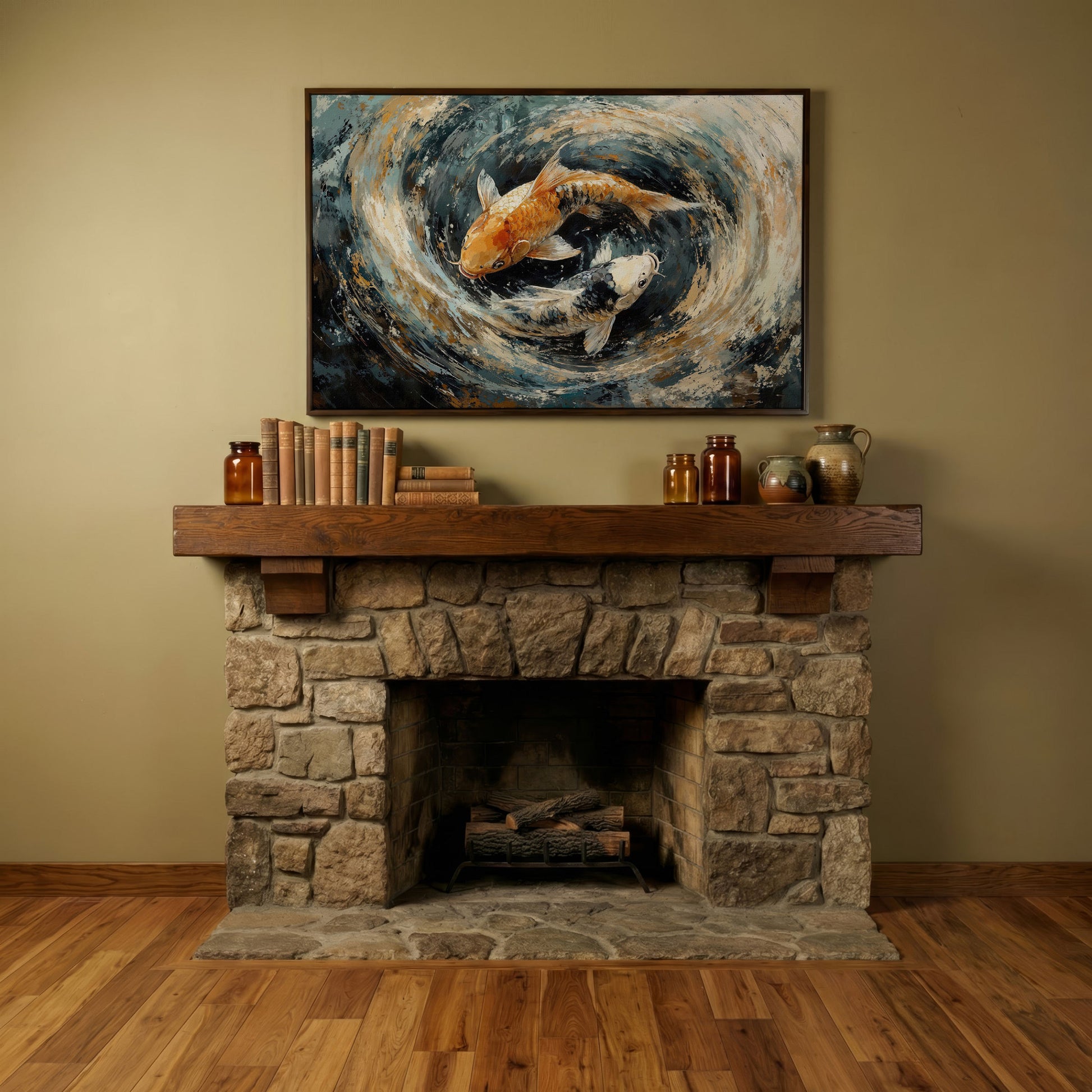 Japanese Koi Fish Canvas with Yin Yang in dark walnut floating frame