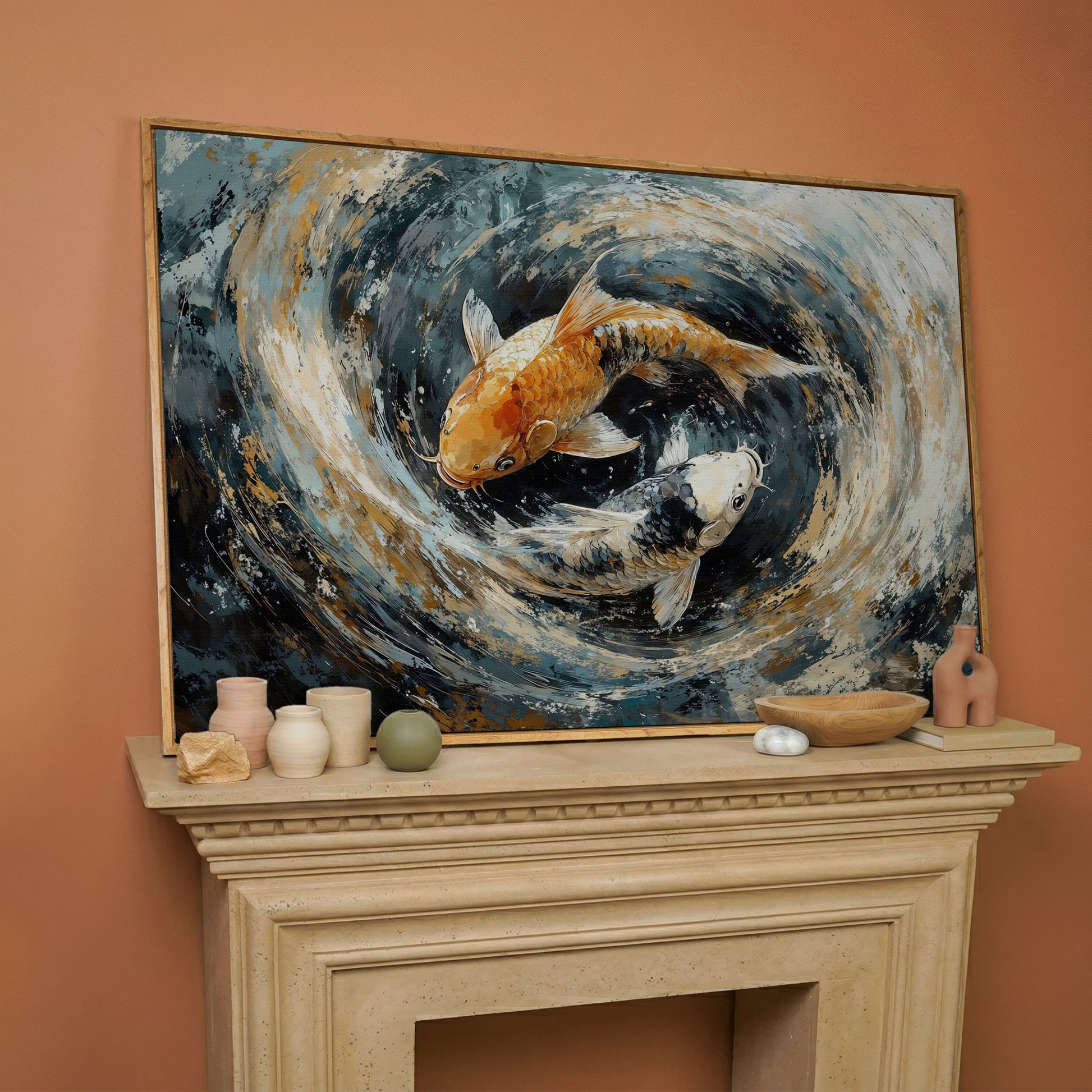 Japanese Koi Fish Canvas with Yin Yang in white oak floating frame