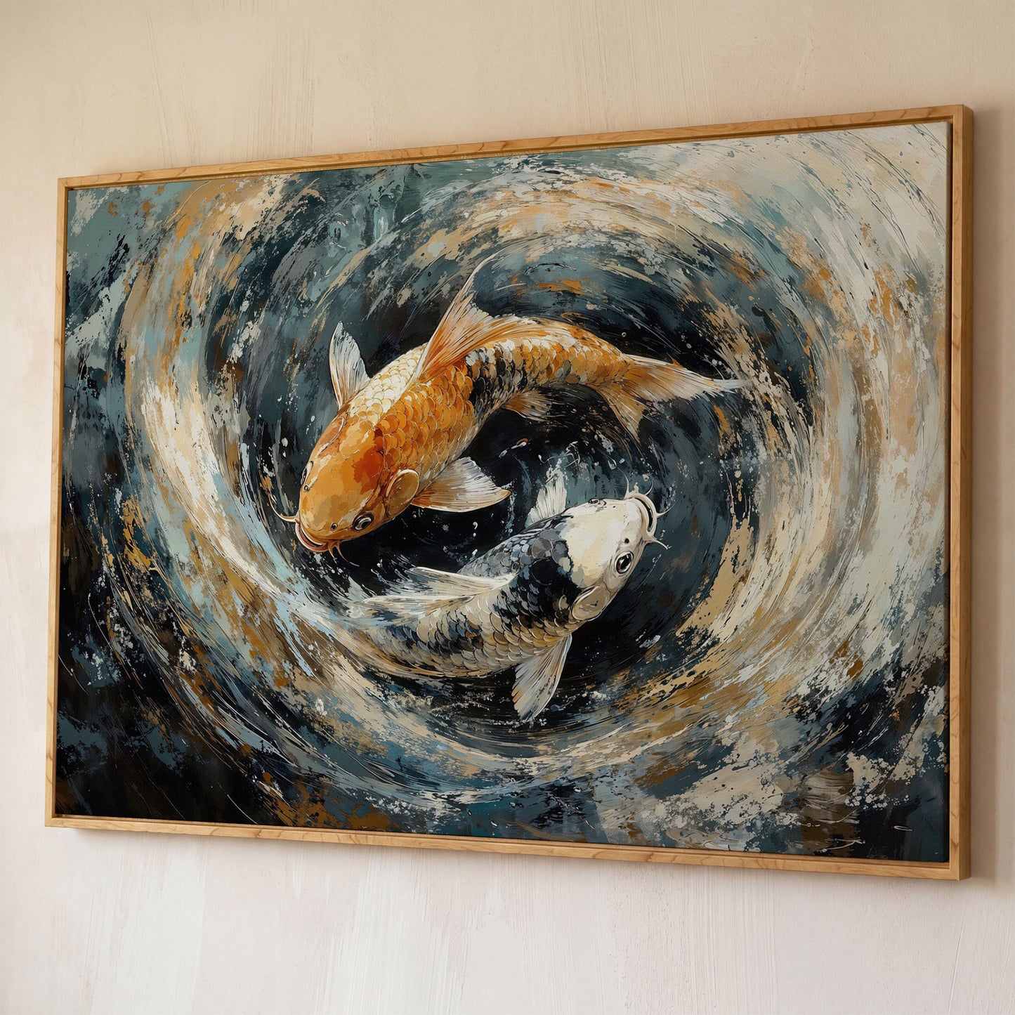 Japanese Koi Fish Canvas with Yin Yang shown in white oak floating frame