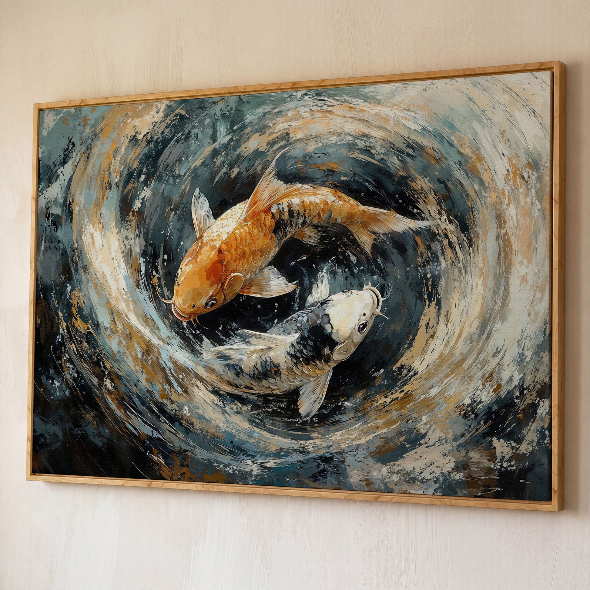 Japanese Koi Fish Canvas with Yin Yang shown in white oak floating frame