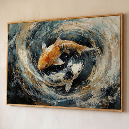 Japanese Koi Fish Canvas with Yin Yang shown in white oak floating frame