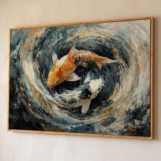 Japanese Koi Fish Canvas with Yin Yang shown in white oak floating frame