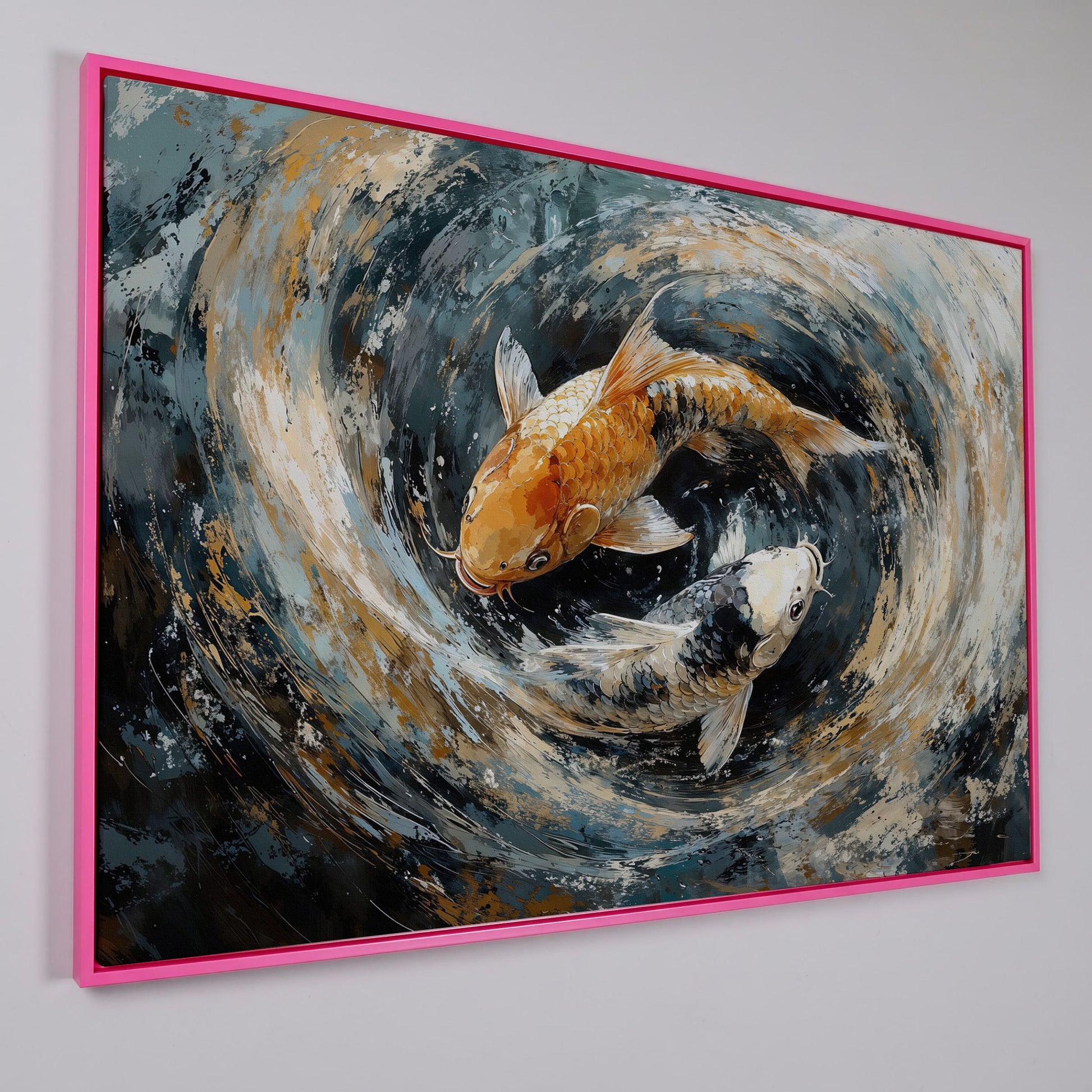 Japanese Koi Fish Canvas with Yin Yang in pink floating frame