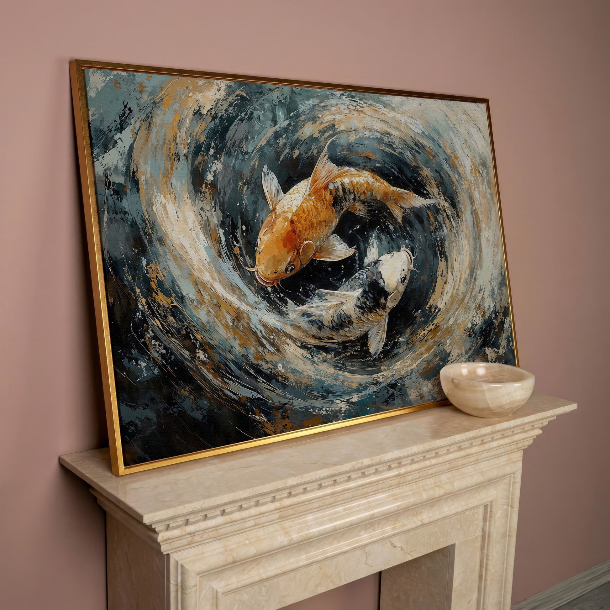 Japanese Koi Fish Canvas with Yin Yang in rose gold floating frame