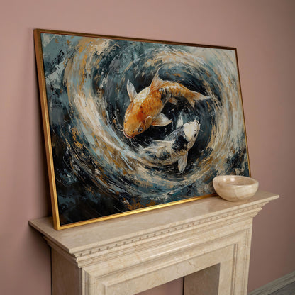 Japanese Koi Fish Canvas with Yin Yang in rose gold floating frame