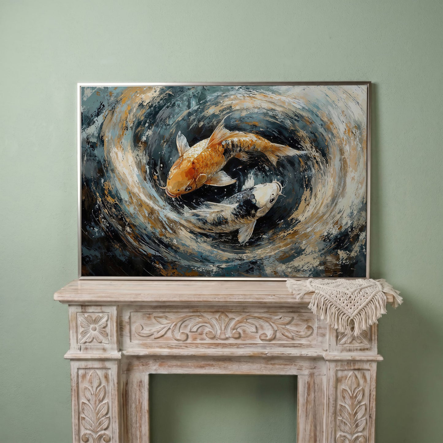 Japanese Koi Fish Canvas with Yin Yang in silver floating frame