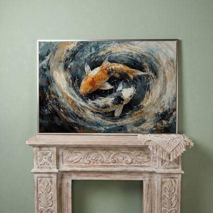 Japanese Koi Fish Canvas with Yin Yang in silver floating frame