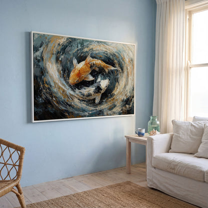Japanese Koi Fish Canvas with Yin Yang in white floating frame