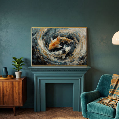 Japanese Koi Fish Canvas with Yin Yang in yellow gold floating frame