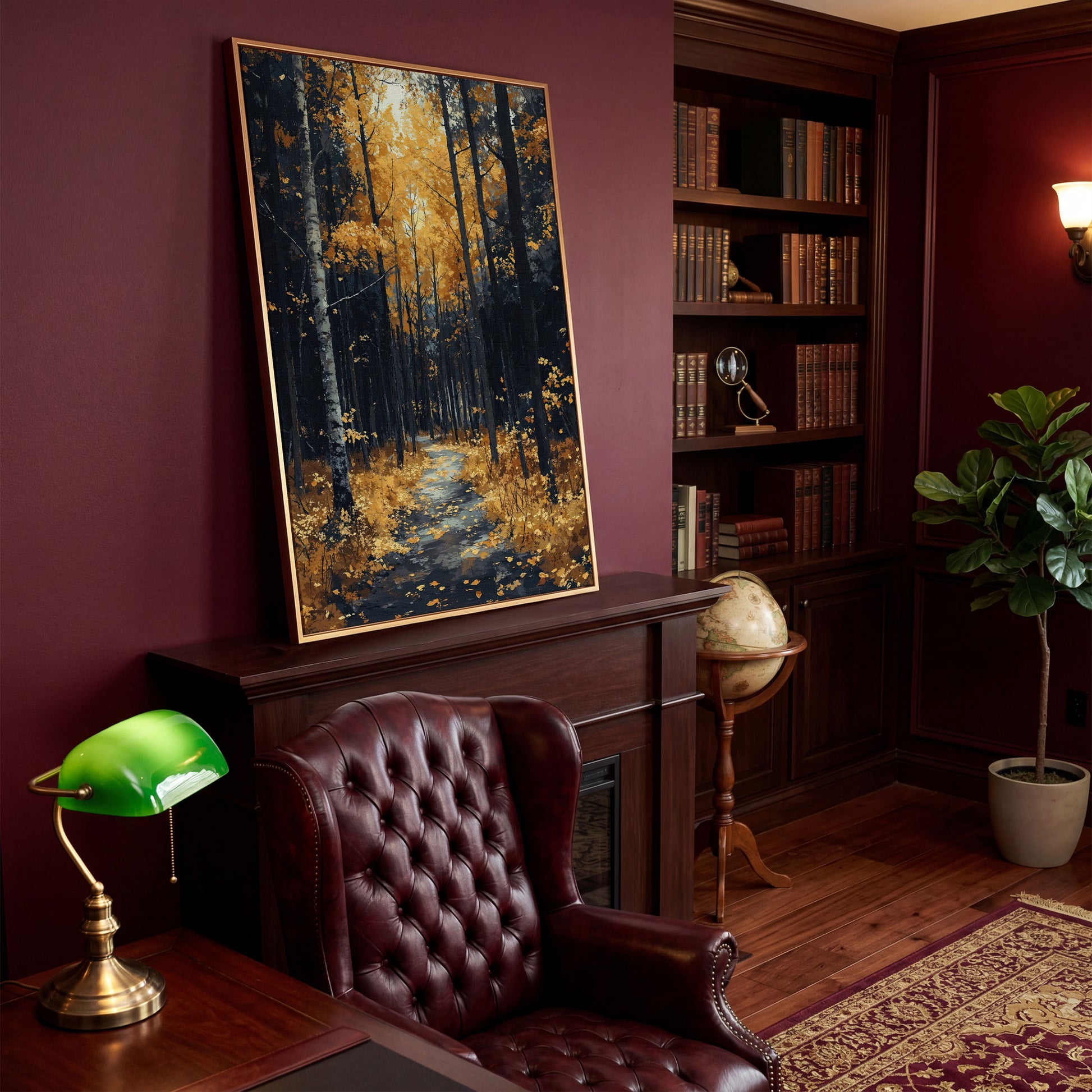 Path in Fall Forest Canvas Print in antique gold floating frame