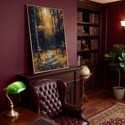 Path in Fall Forest Canvas Print in antique gold floating frame