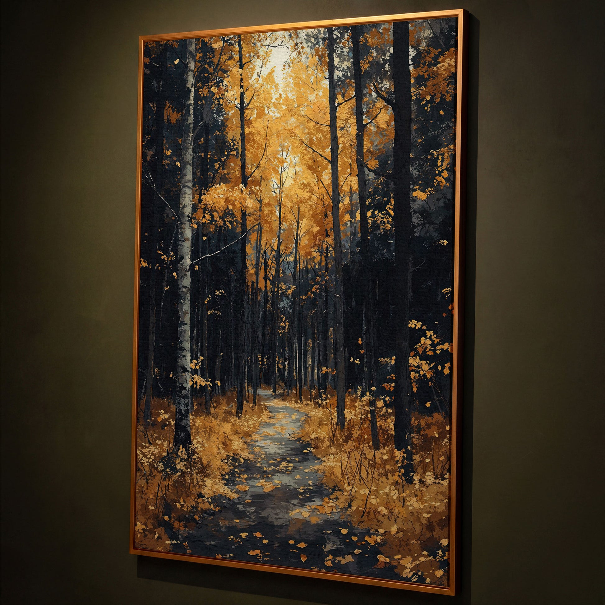 Path in Fall Forest Canvas Print shown in antique gold floating frame