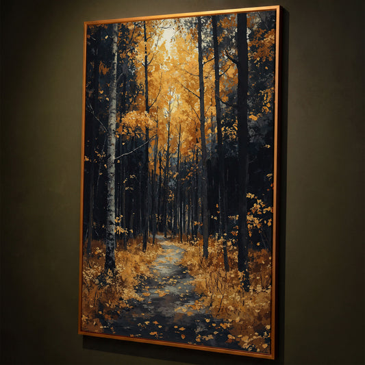 Path in Fall Forest Canvas Print shown in antique gold floating frame
