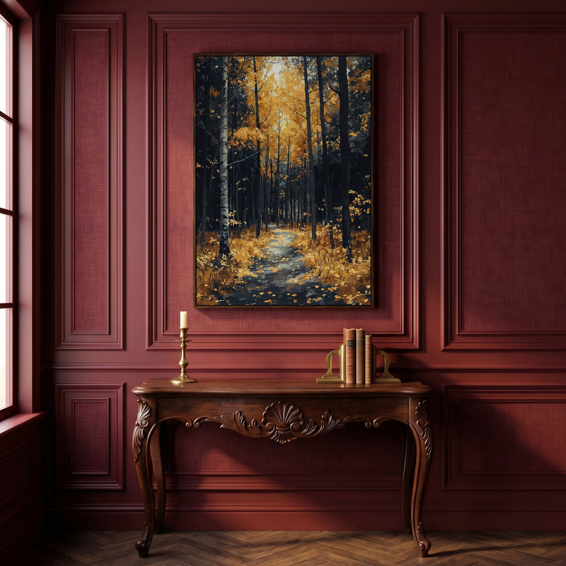 Path in Fall Forest Canvas Print in dark walnut floating frame