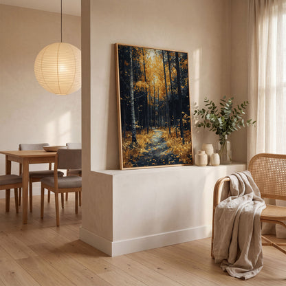 Path in Fall Forest Canvas Print in white oak floating frame