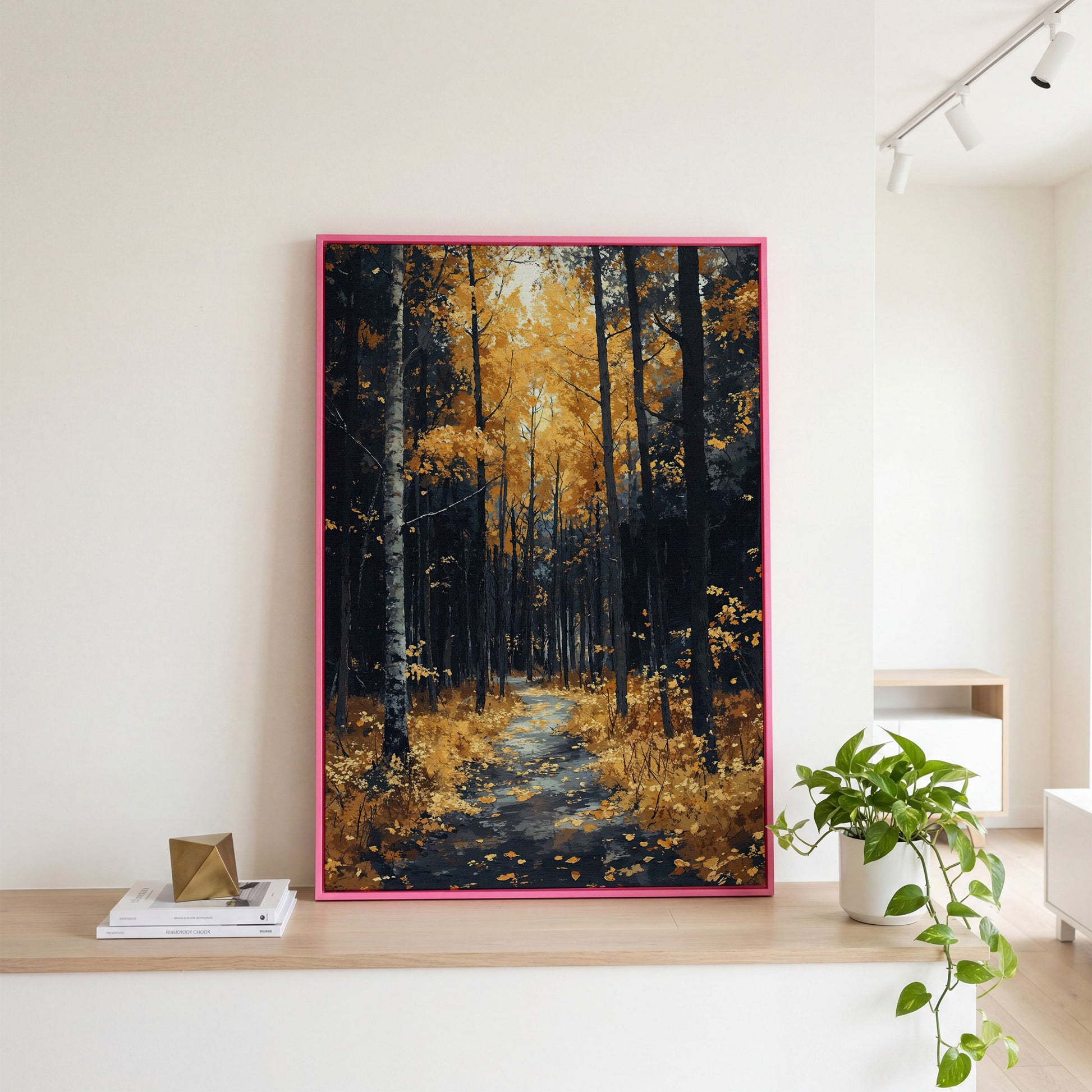 Path in Fall Forest Canvas Print in pink floating frame