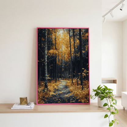 Path in Fall Forest Canvas Print in pink floating frame