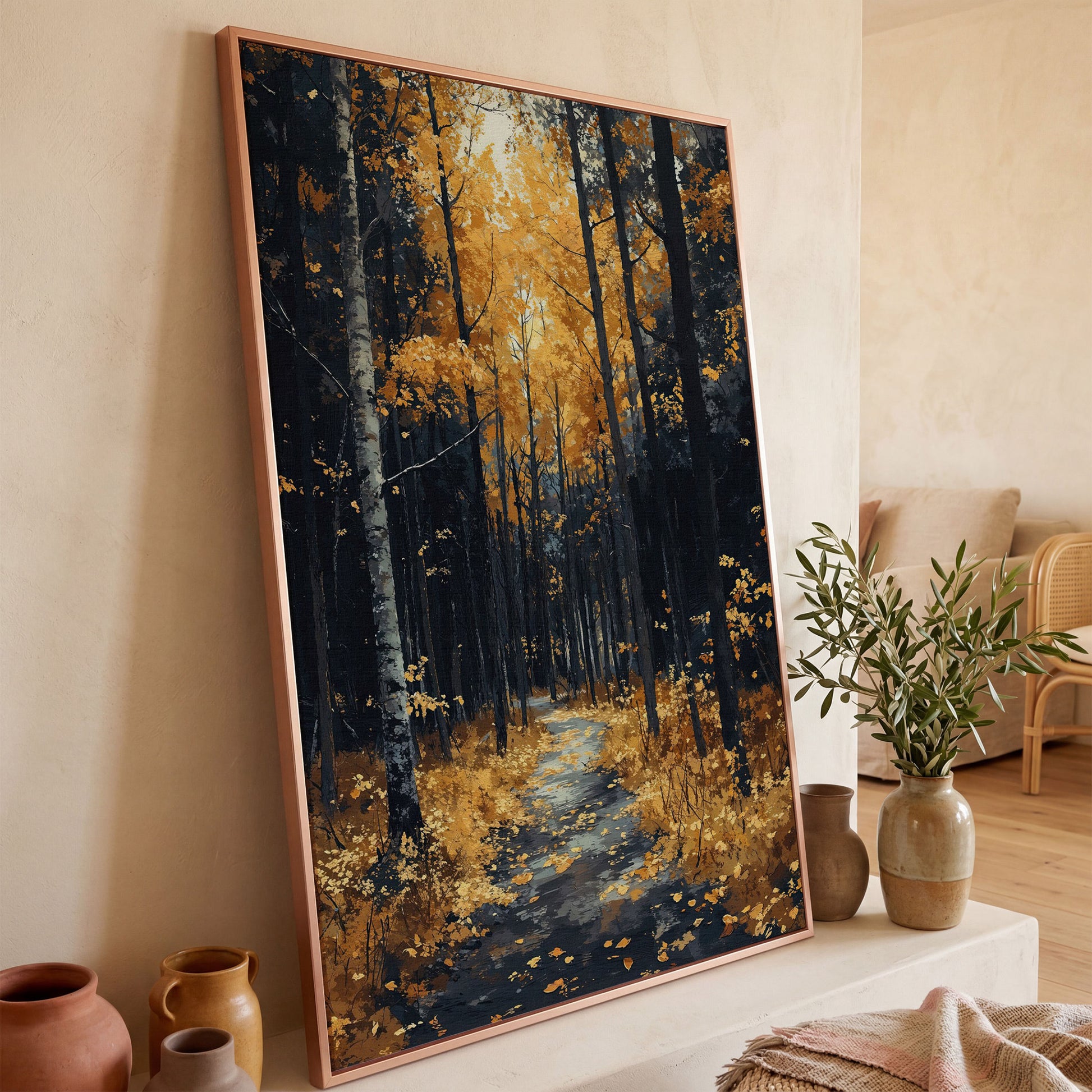 Path in Fall Forest Canvas Print in rose gold floating frame