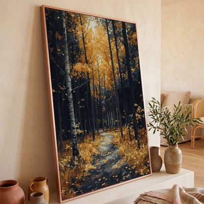Path in Fall Forest Canvas Print in rose gold floating frame
