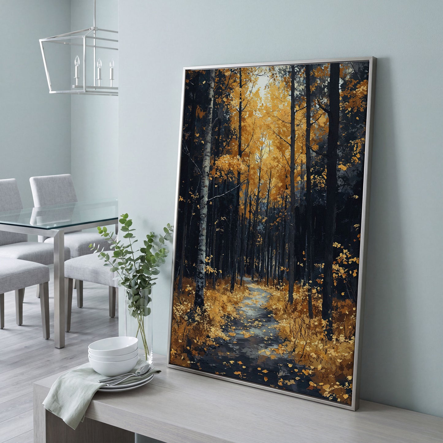 Path in Fall Forest Canvas Print in silver floating frame