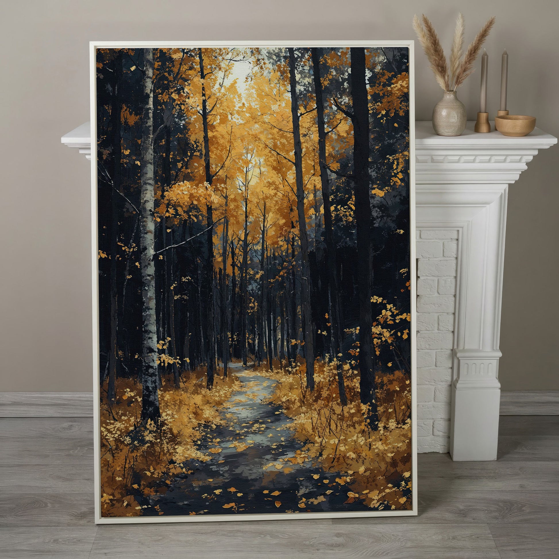 Path in Fall Forest Canvas Print in white floating frame
