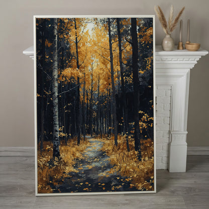 Path in Fall Forest Canvas Print in white floating frame