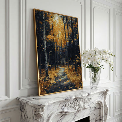 Path in Fall Forest Canvas Print in yellow gold floating frame