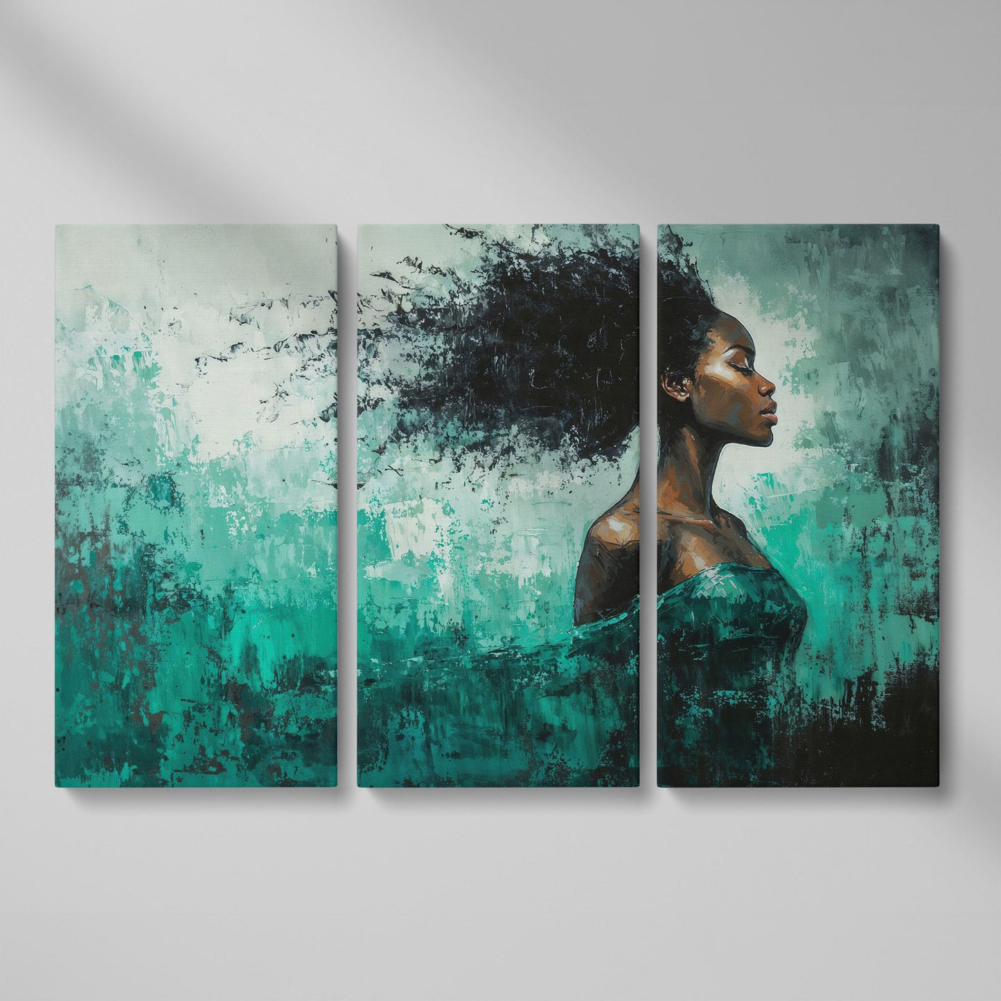 Black Woman in Profile with Emerald Swirl Canvas as 3-panel split version