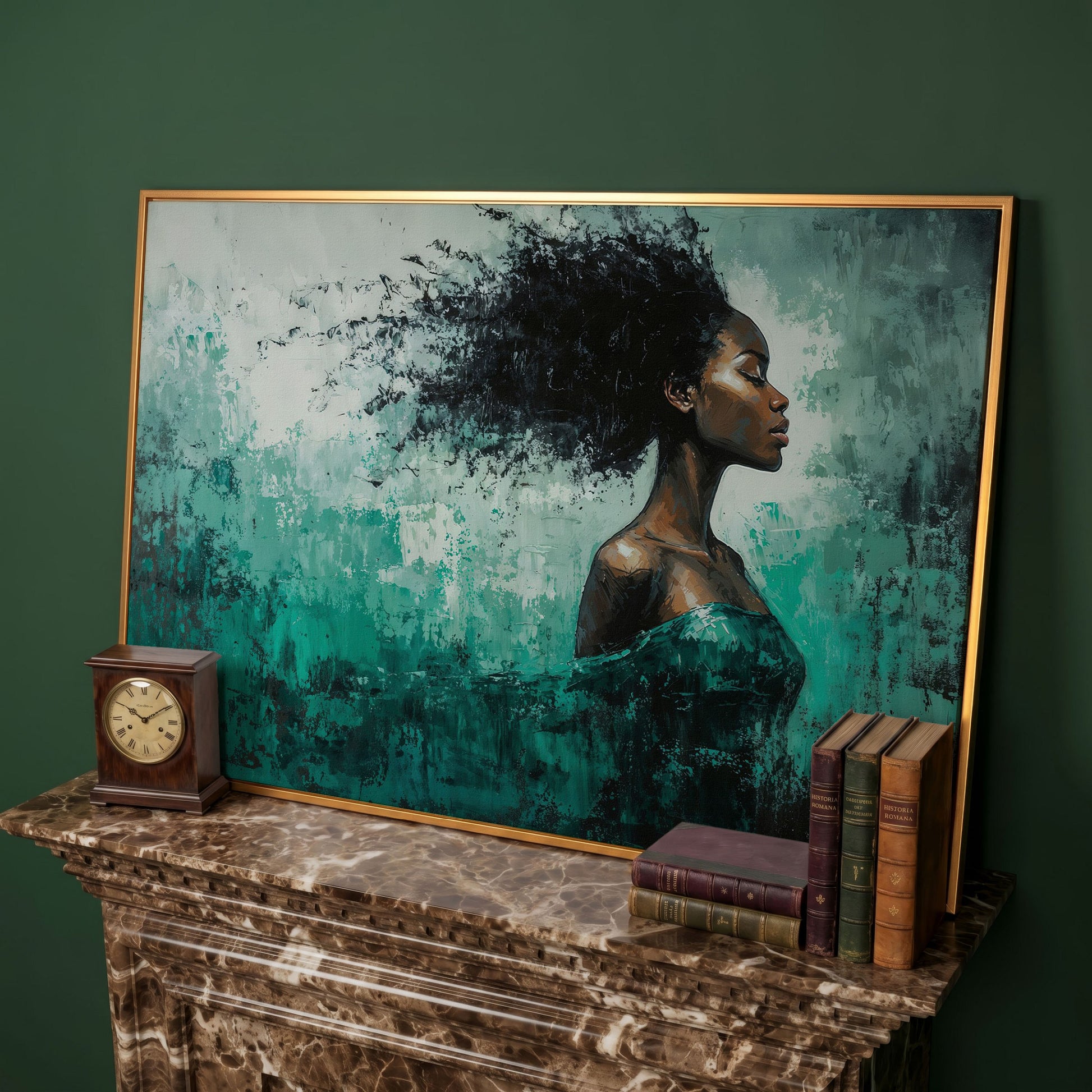 Black Woman in Profile with Emerald Swirl Canvas in antique gold floating frame