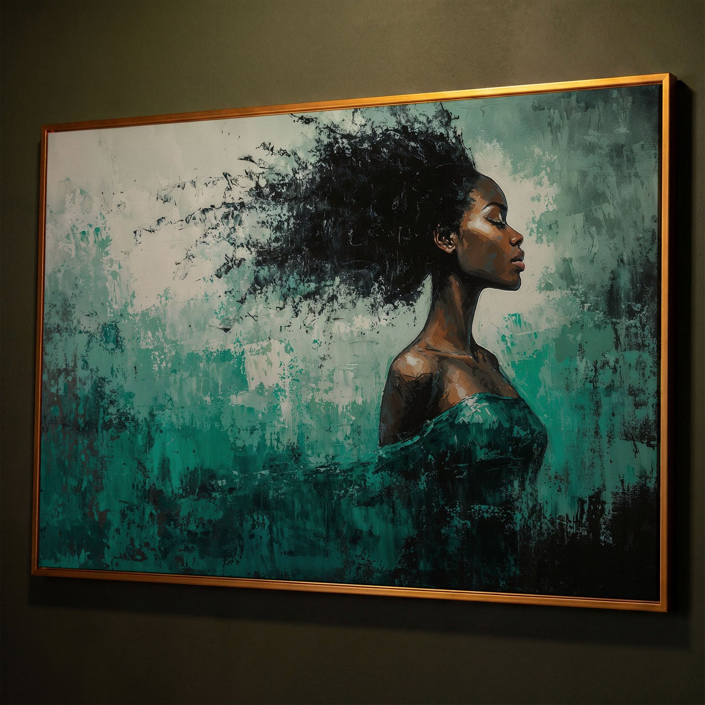 Black Woman in Profile with Emerald Swirl Canvas shown in antique gold floating frame