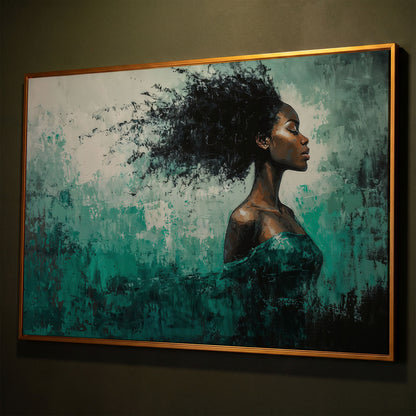Black Woman in Profile with Emerald Swirl Canvas shown in antique gold floating frame