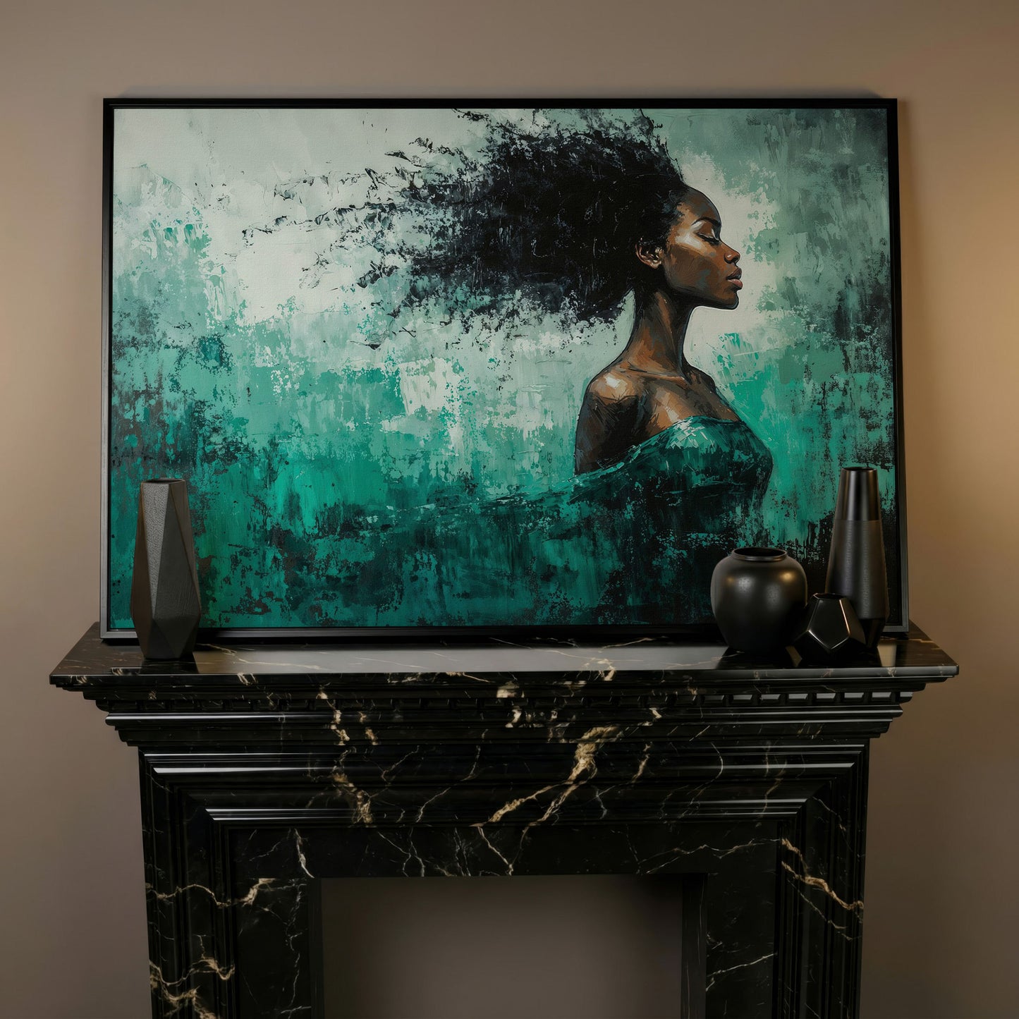 Black Woman in Profile with Emerald Swirl Canvas in black floating frame