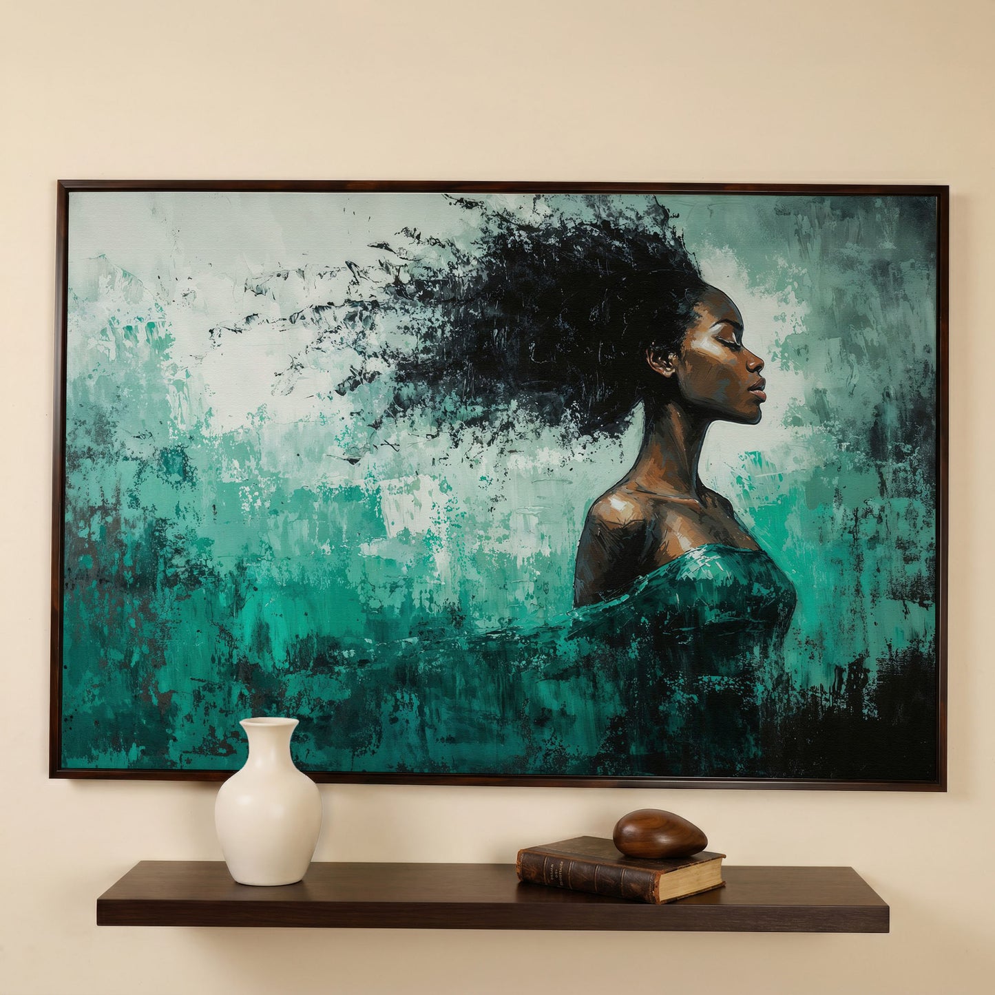 Black Woman in Profile with Emerald Swirl Canvas in dark walnut floating frame