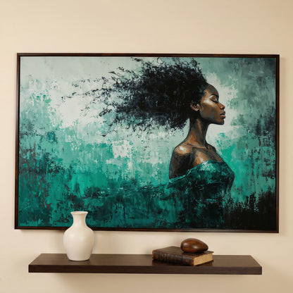 Black Woman in Profile with Emerald Swirl Canvas in dark walnut floating frame