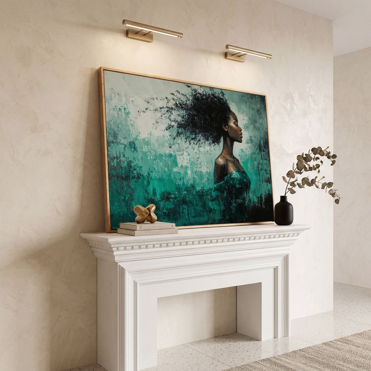 Black Woman in Profile with Emerald Swirl Canvas in white oak floating frame