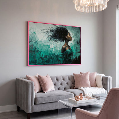 Black Woman in Profile with Emerald Swirl Canvas in pink floating frame