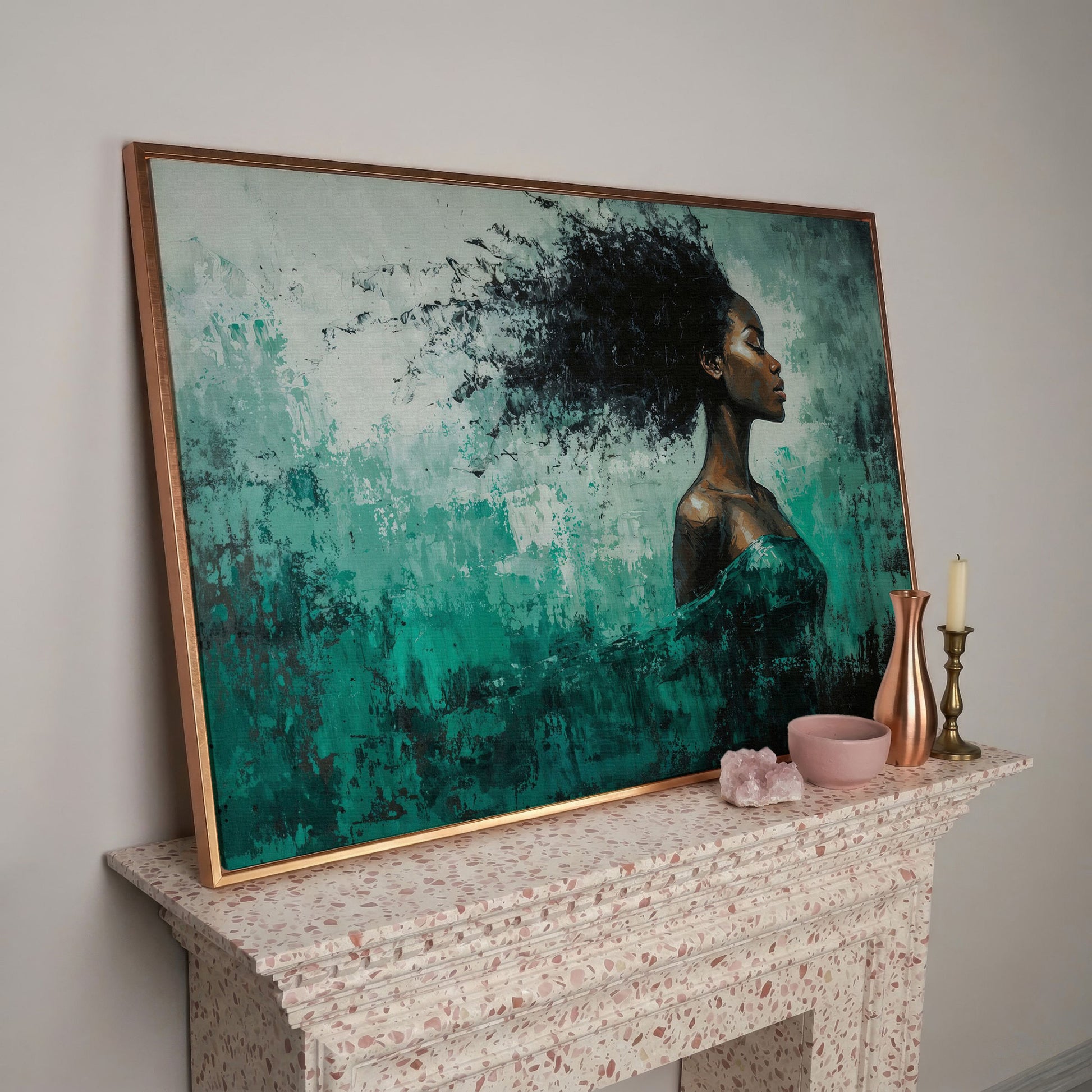 Black Woman in Profile with Emerald Swirl Canvas in rose gold floating frame